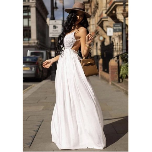 Boho White Crochet Knit Open Back Maxi Dress - Picture 3 of 5